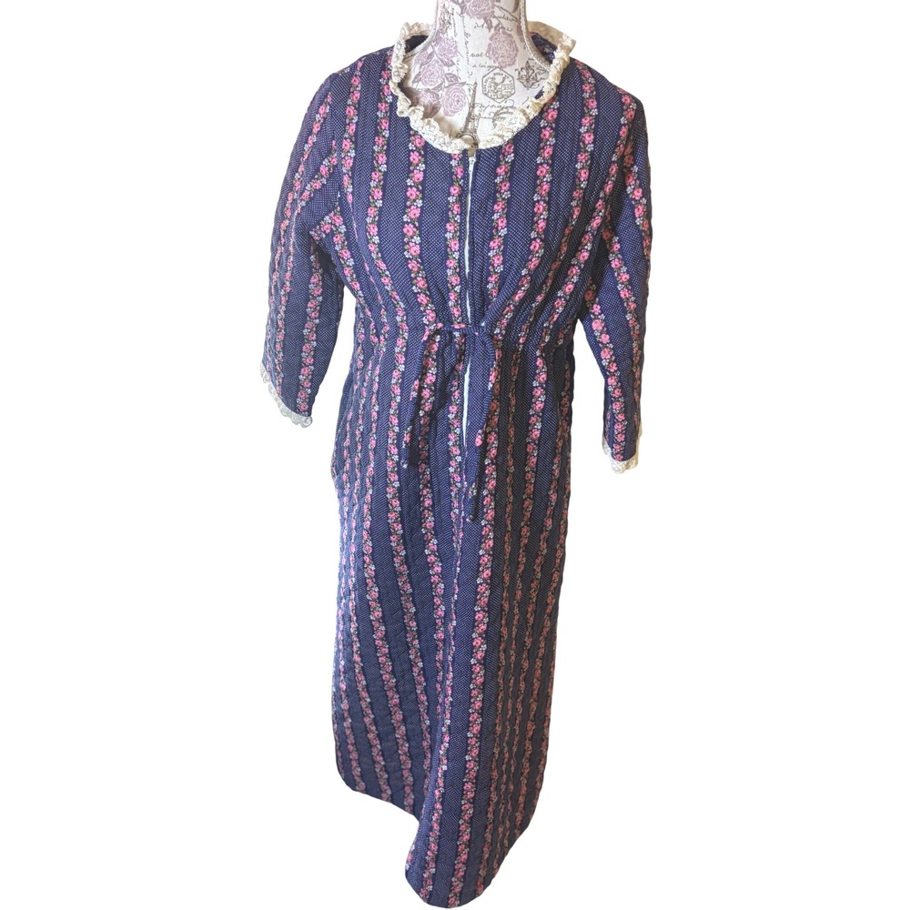 Vintage Quilted Robe Floral Print Lace House Dress Loungewear Cottagecore M/L